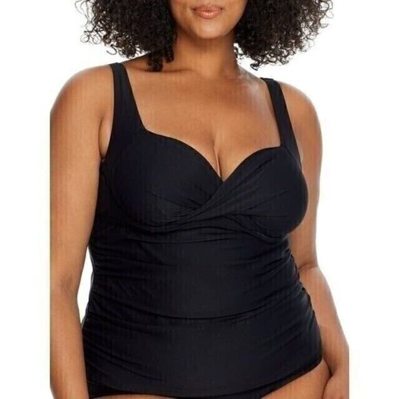 Birdsong Plus Size 22W ECO ONYX Shirred‎ Ruched Underwire Tankini Swim Top Black - Picture 1 of 11